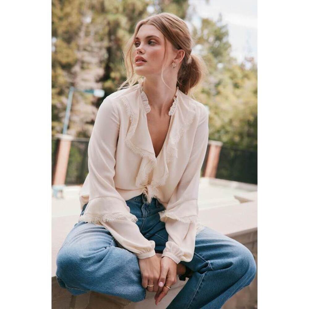 Lulus Jess Cream Ruffled Lace Long Sleeve Top White - Size L